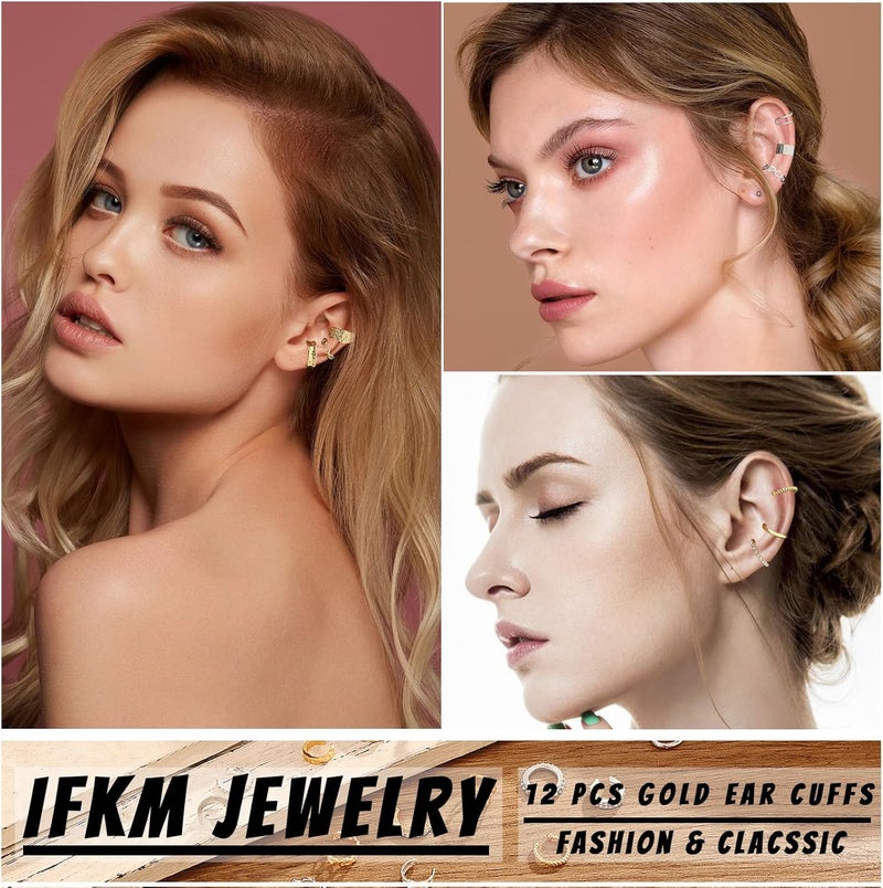 IFKM 12pcs Ear Cuffs For Women Non Piercing 14k Gold Silver Ear Cuffs Earrings Non Pierced Clip On Cartilage Earring Fake Earrings - Image 2